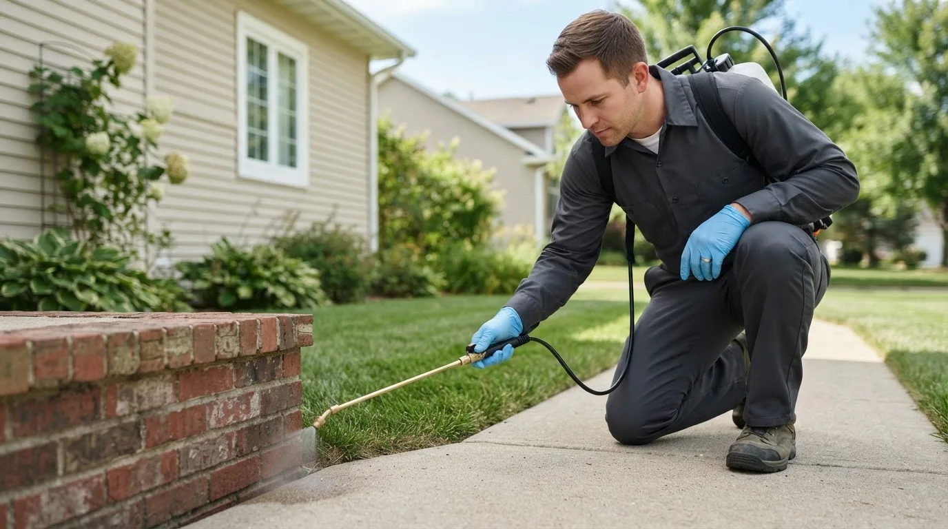 Pest control technician treating a home near Central Islip, NY