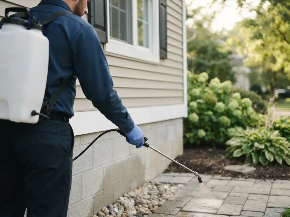 Pest control technician inspecting a home in Central Islip, NY